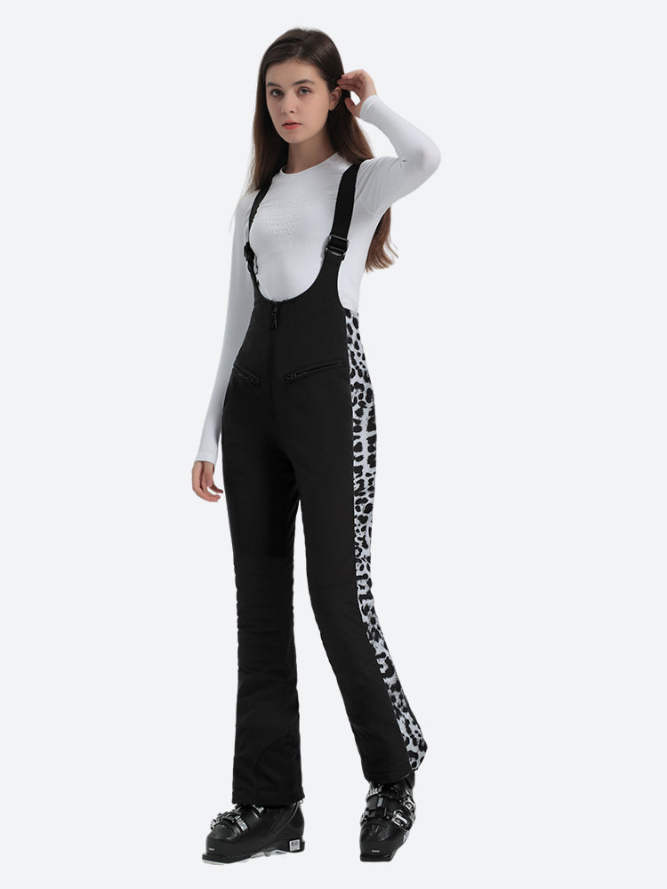 Dámské černé sněhové overaly s potiskem sněhového leoparda, slim fit, s artikulovanými koleny - Gsou Snow