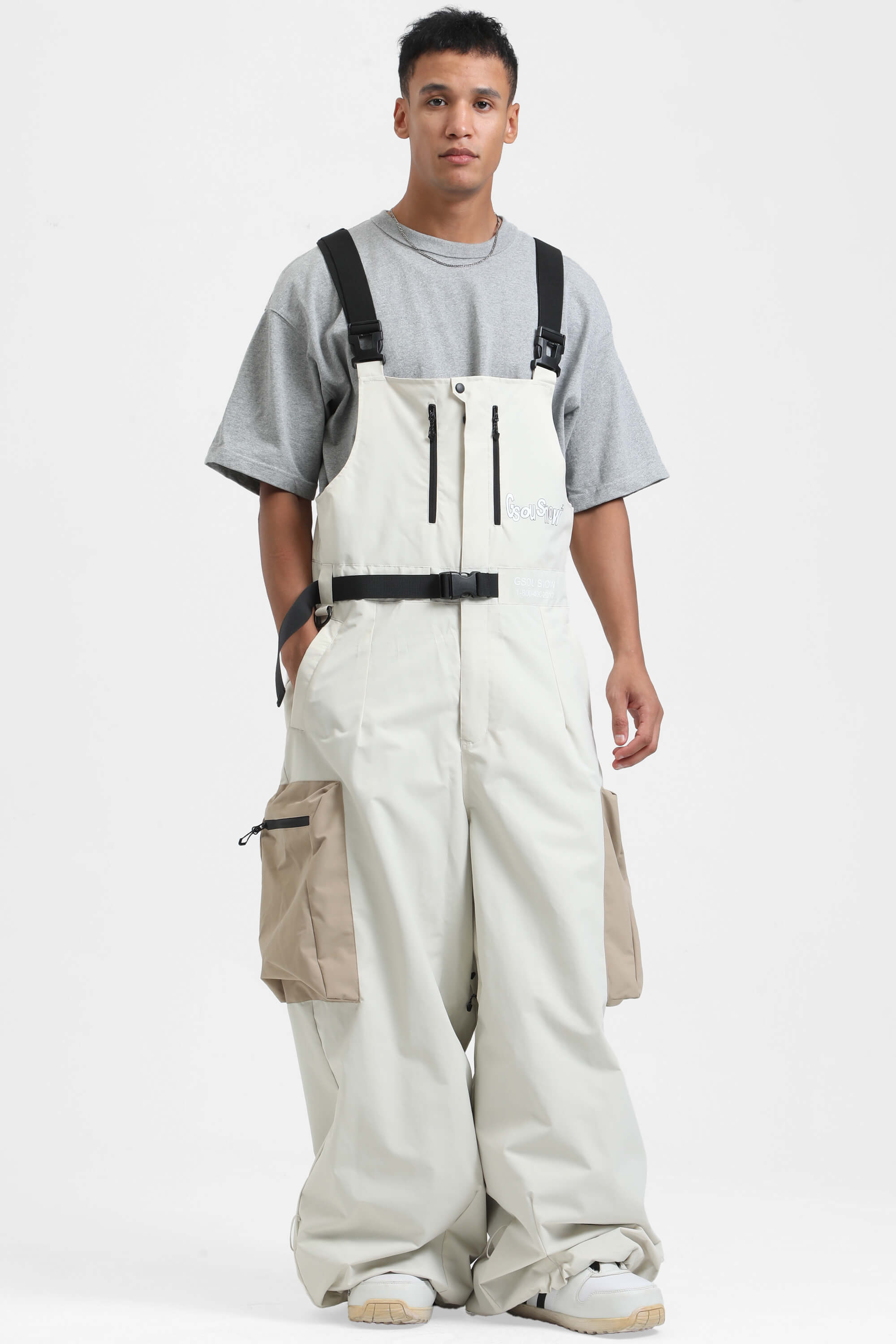 Pánské off-white sněhové overaly ve stylu workwear s vestavěným páskem, uvolněný střih - Gsou Snow