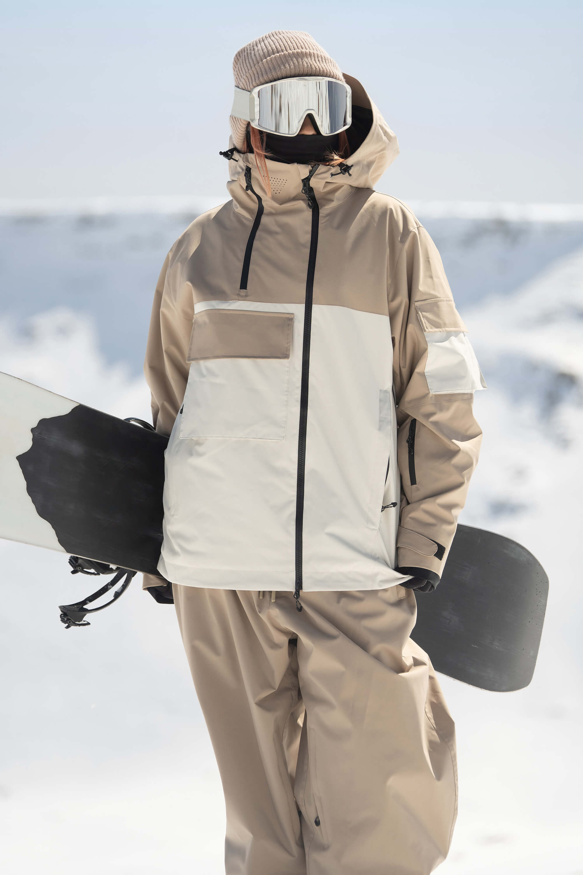 Dámská khaki a bílá sněhová bunda s asymetrickým zipem, voděodolná - Gsou Snow