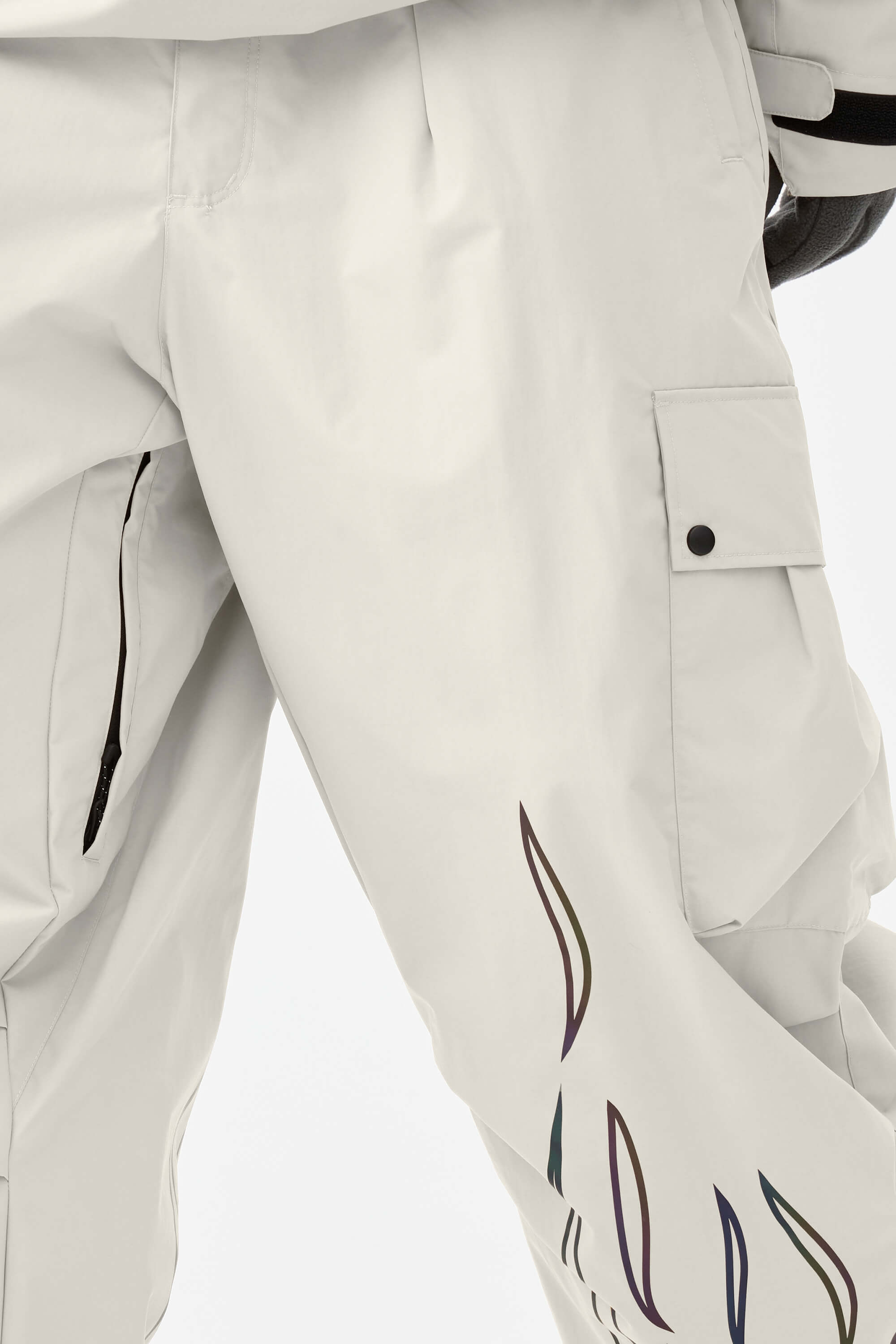Men's Off White Reflective Flame Snow Pants Baggy Utility Ski Pants - Gsou Snow