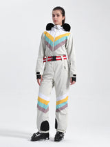 Women's Ivory Color Blocking Snow-Resistant Ventilated Snow Suit One-Piece Ski Suit - Gsou Snow
