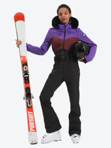 Women's Lavender & Navy Waist-Defining Waterproof Ski Suits Insulated One-Piece Snowboard Suits - Gsou Snow