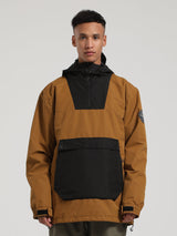 Men's Black & Brown Patchwork Kangaroo Pocket Snow Anoraks Ski Anoraks - Gsou Snow