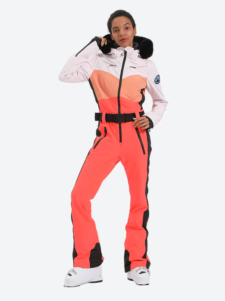 Women's Orange & Pink Waist-Defining Waterproof Ski Suits Insulated One-Piece Snowboard Suits - Gsou Snow