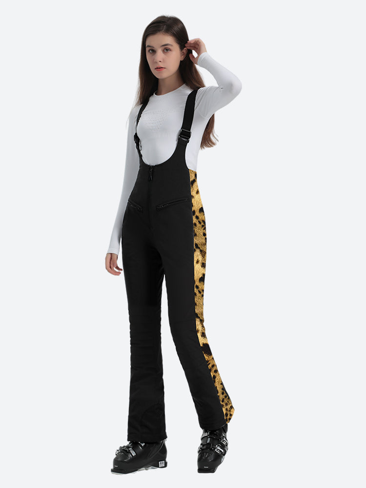 Dámské černé sněhové overaly s potiskem leopardu, slim fit, s artikulovanými koleny - Gsou Snow