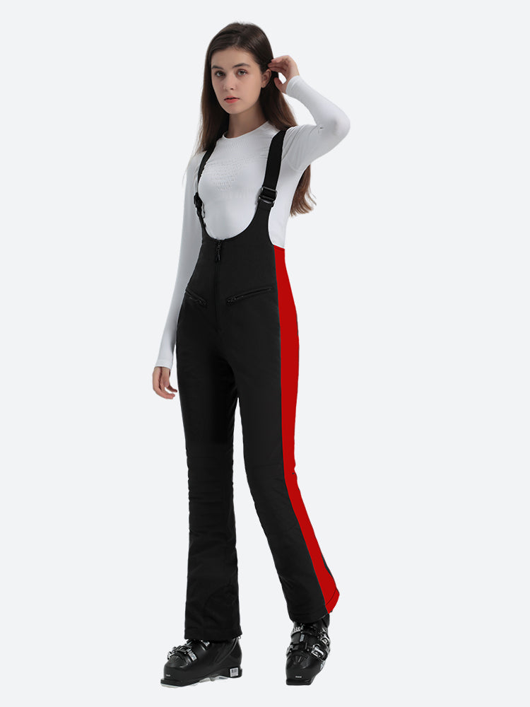 Women's Black & Red Slim-Fit Snow Bibs Articulated Knees Ski Bibs - Gsou Snow