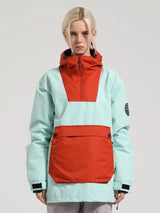 Women's Red & Teal Patchwork Kangaroo Pocket Snow Anoraks Ski Anoraks - Gsou Snow