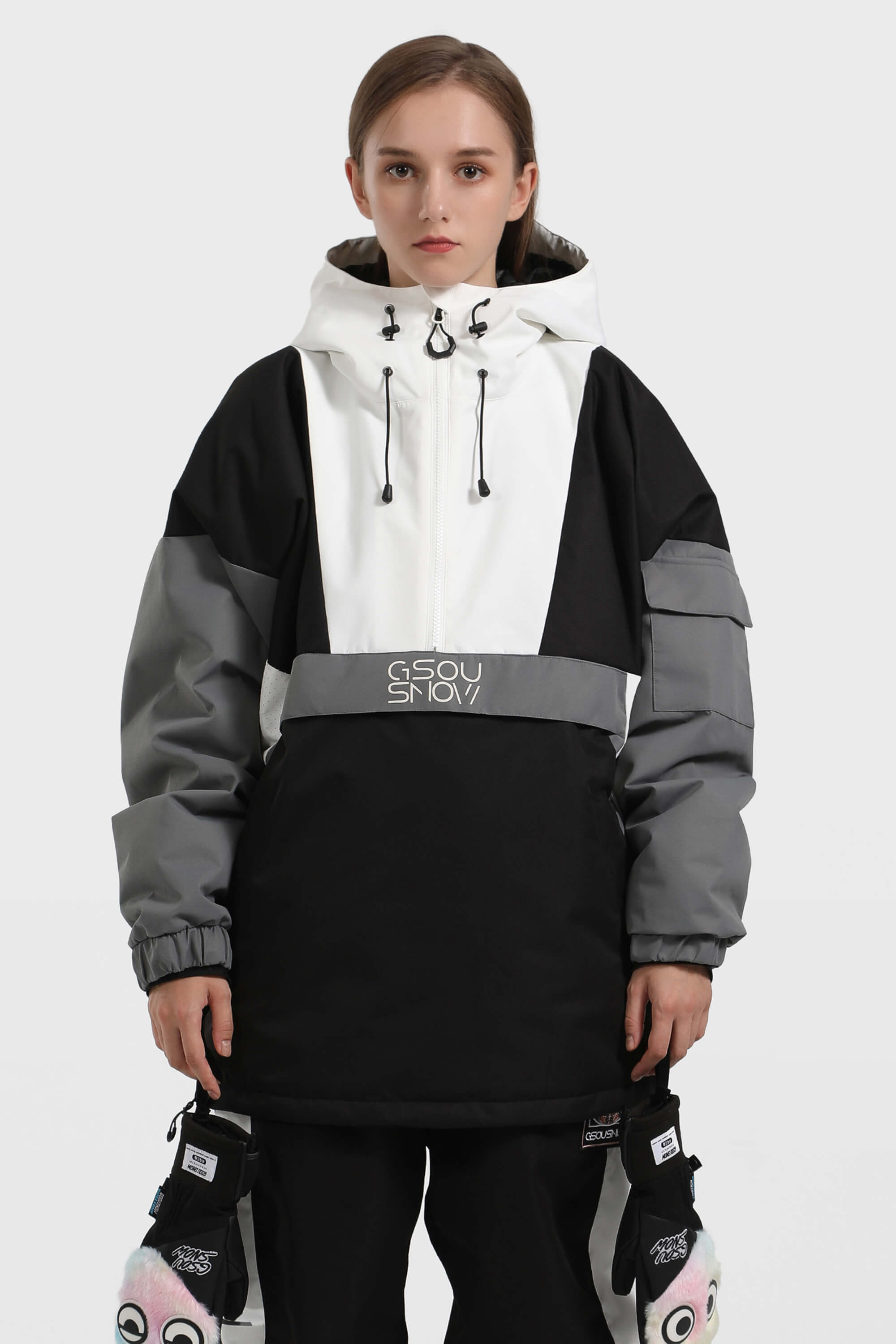 Women's Black & White Kangaroo Pocket Waterproof Snowboard Anoraks Baggy Ski Anoraks - Gsou Snow