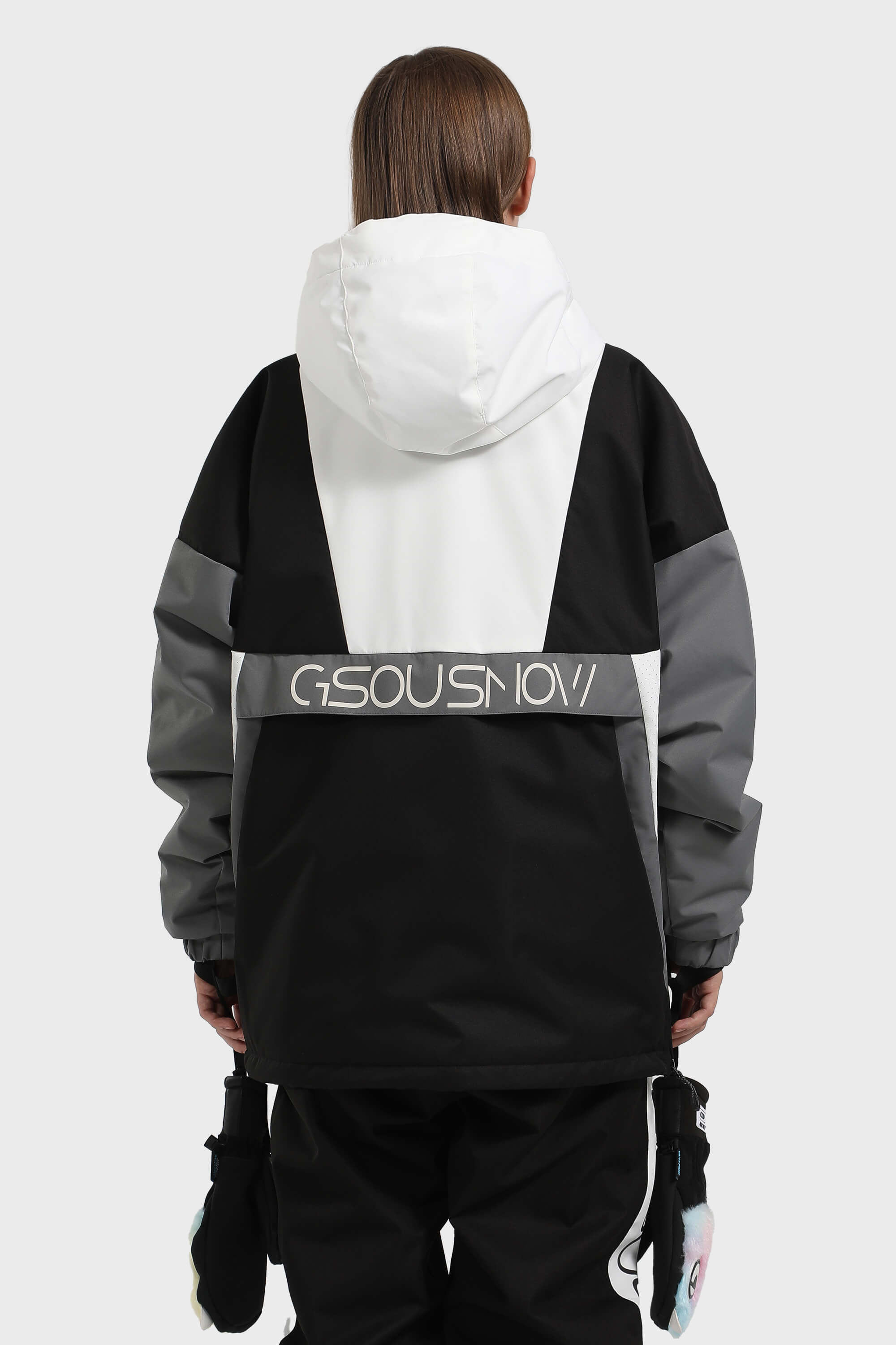 Women's Black & White Kangaroo Pocket Waterproof Snowboard Anoraks Baggy Ski Anoraks - Gsou Snow