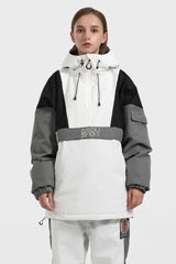 Women's White & Black Kangaroo Pocket Waterproof Snowboard Anoraks Baggy Ski Anoraks - Gsou Snow
