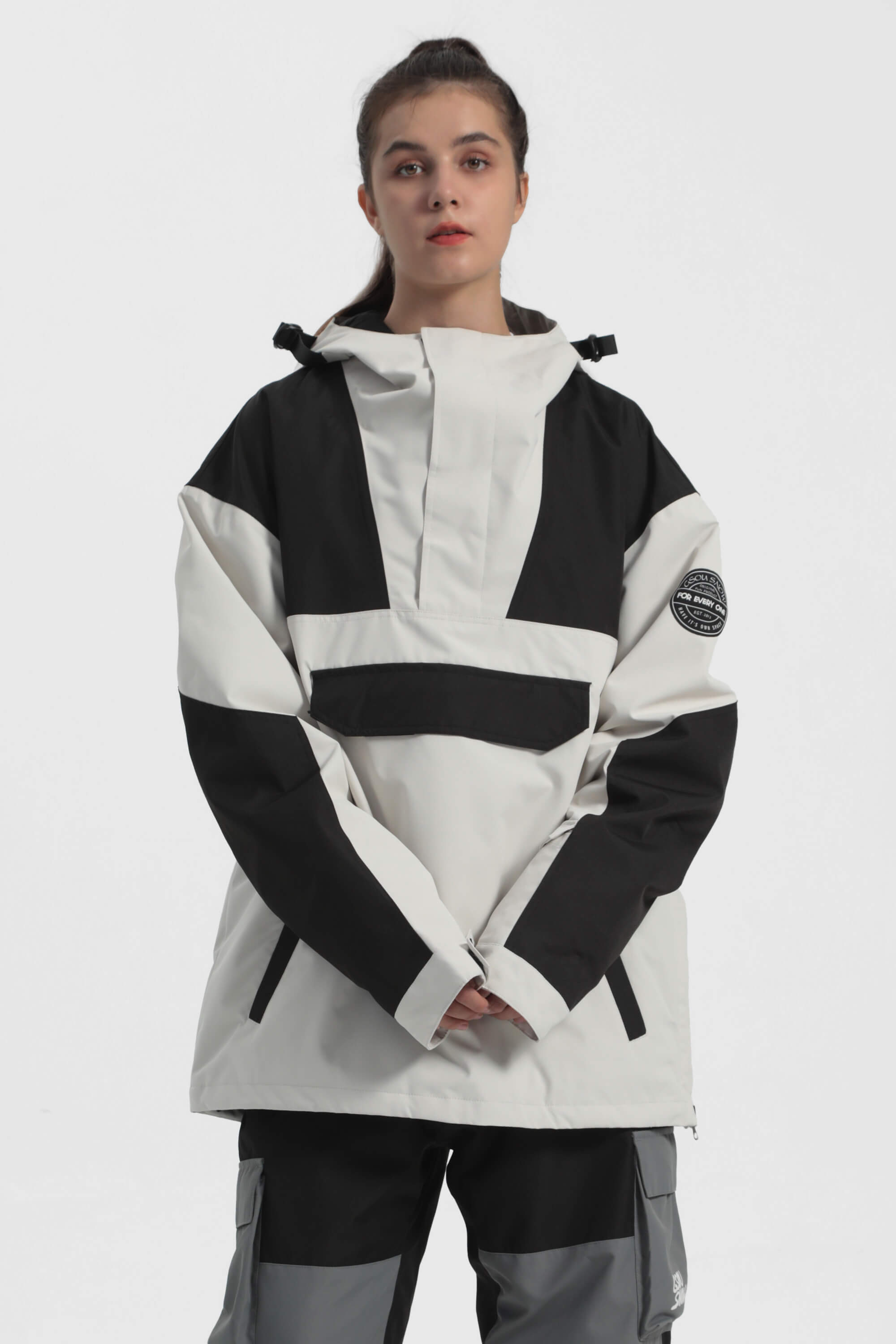 Women's Ivory & Black Color-Block Snow Anoraks Insulated Ski Anoraks - Gsou Snow