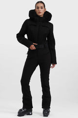 Women's White Full Shirred Design Ski Suit One-Piece Snowboard Suit - Gsou Snow