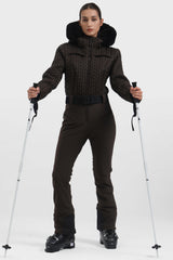 Women's Khaki Full Shirred Design Ski Suit One-Piece Snowboard Suit - Gsou Snow