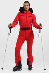 Women's White Full Shirred Design Ski Suit One-Piece Snowboard Suit - Gsou Snow