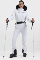 Women's White Full Shirred Design Ski Suit One-Piece Snowboard Suit - Gsou Snow