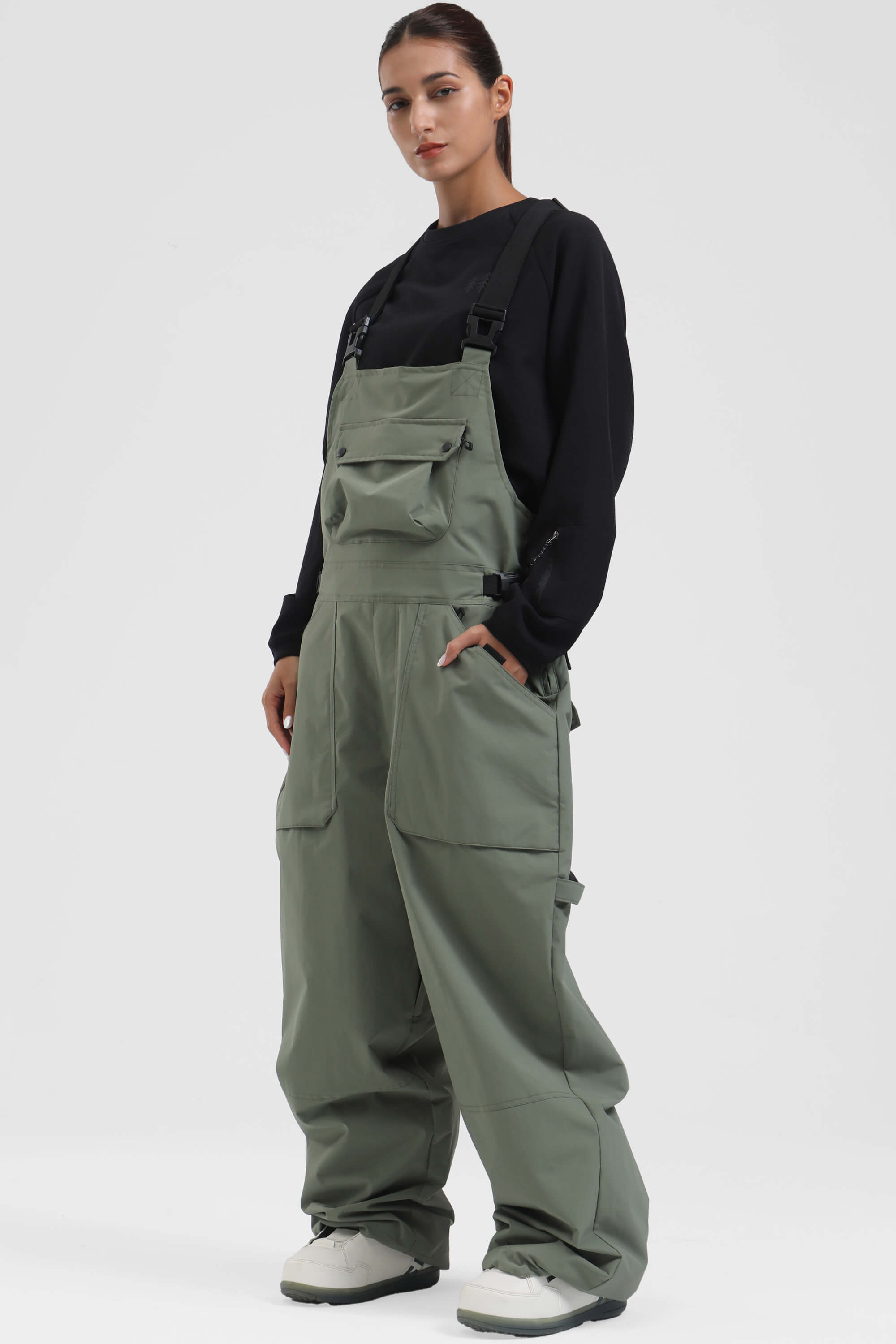 Uniseksowe Spodnie Narciarskie typu Bib z Dwustronnymi Zamkami - Army Green - Gsou Snow