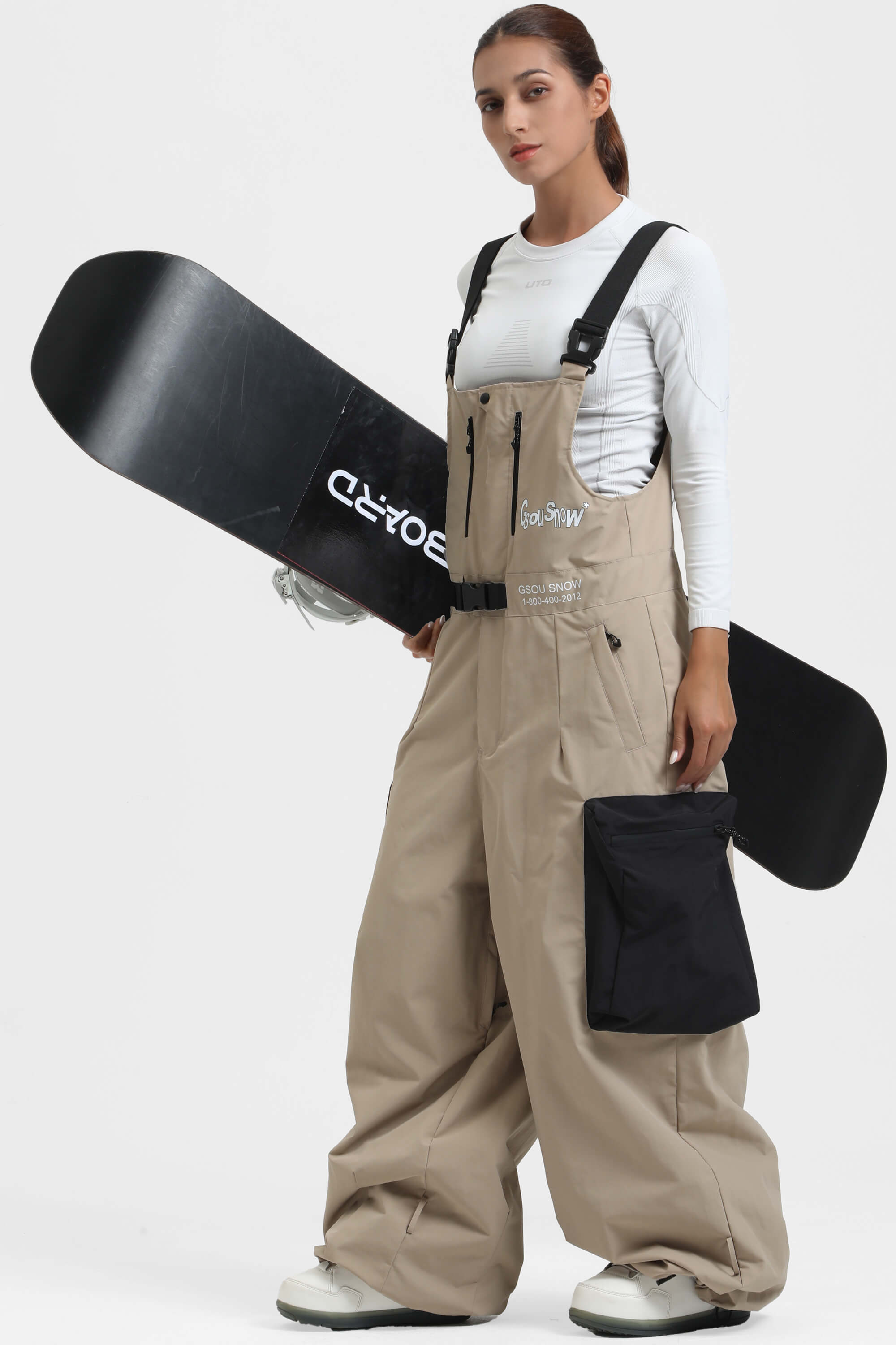 Dámské khaki sněhové overaly ve stylu workwear s vestavěným páskem, super volný střih - Gsou Snow