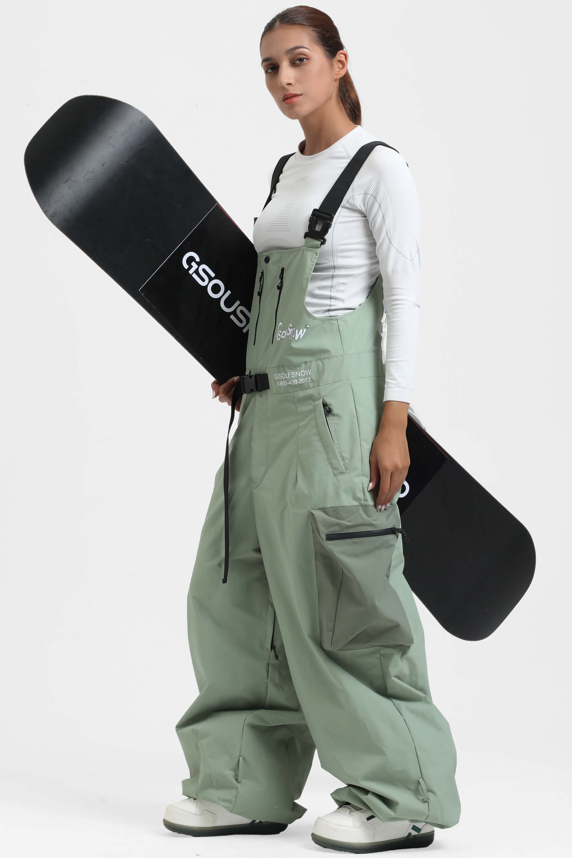 Dámské mátově zelené sněhové overaly ve stylu workwear s vestavěným páskem, super volný střih - Gsou Snow