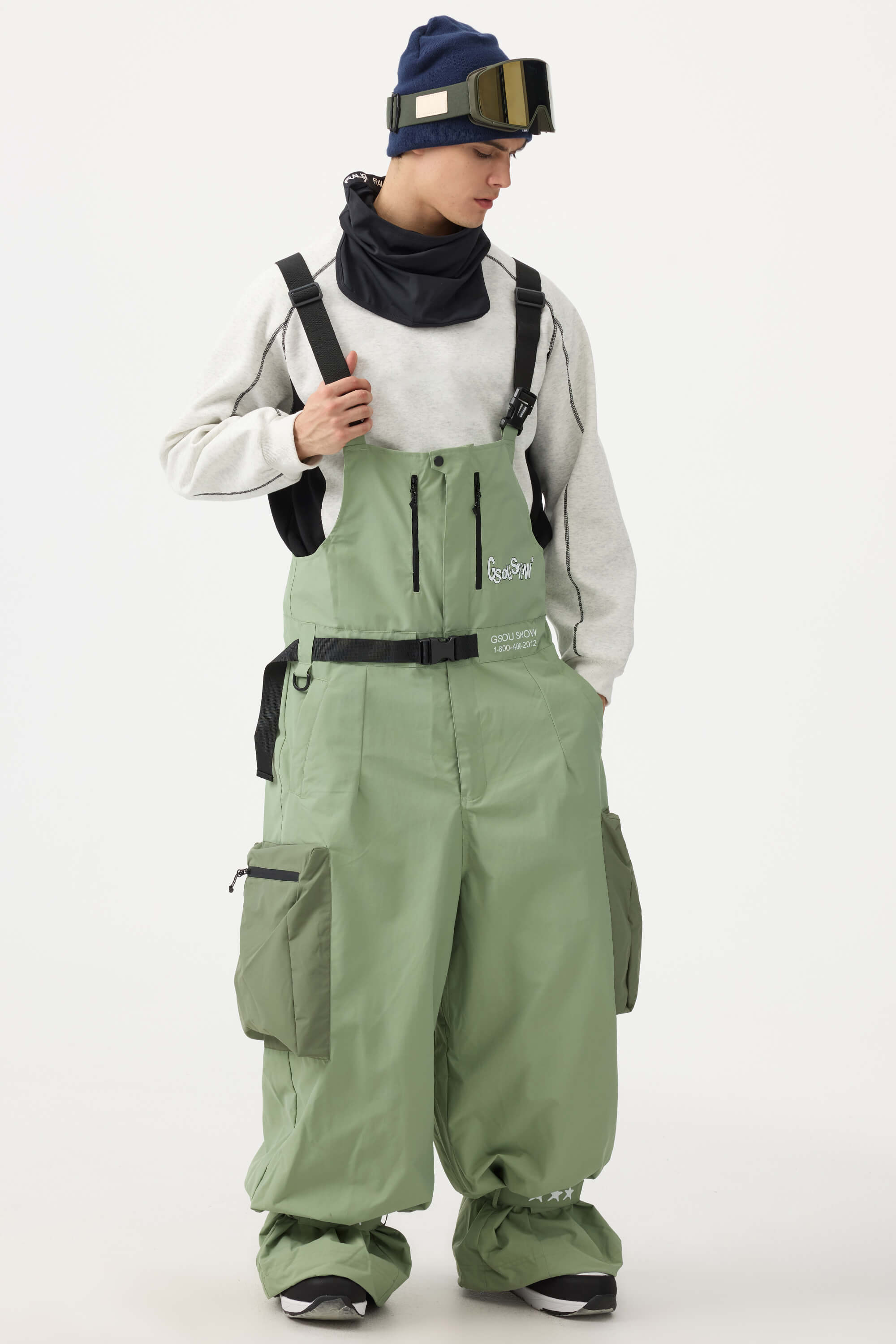 Pánské mátově zelené sněhové overaly ve stylu workwear s vestavěným páskem, uvolněný střih - Gsou Snow