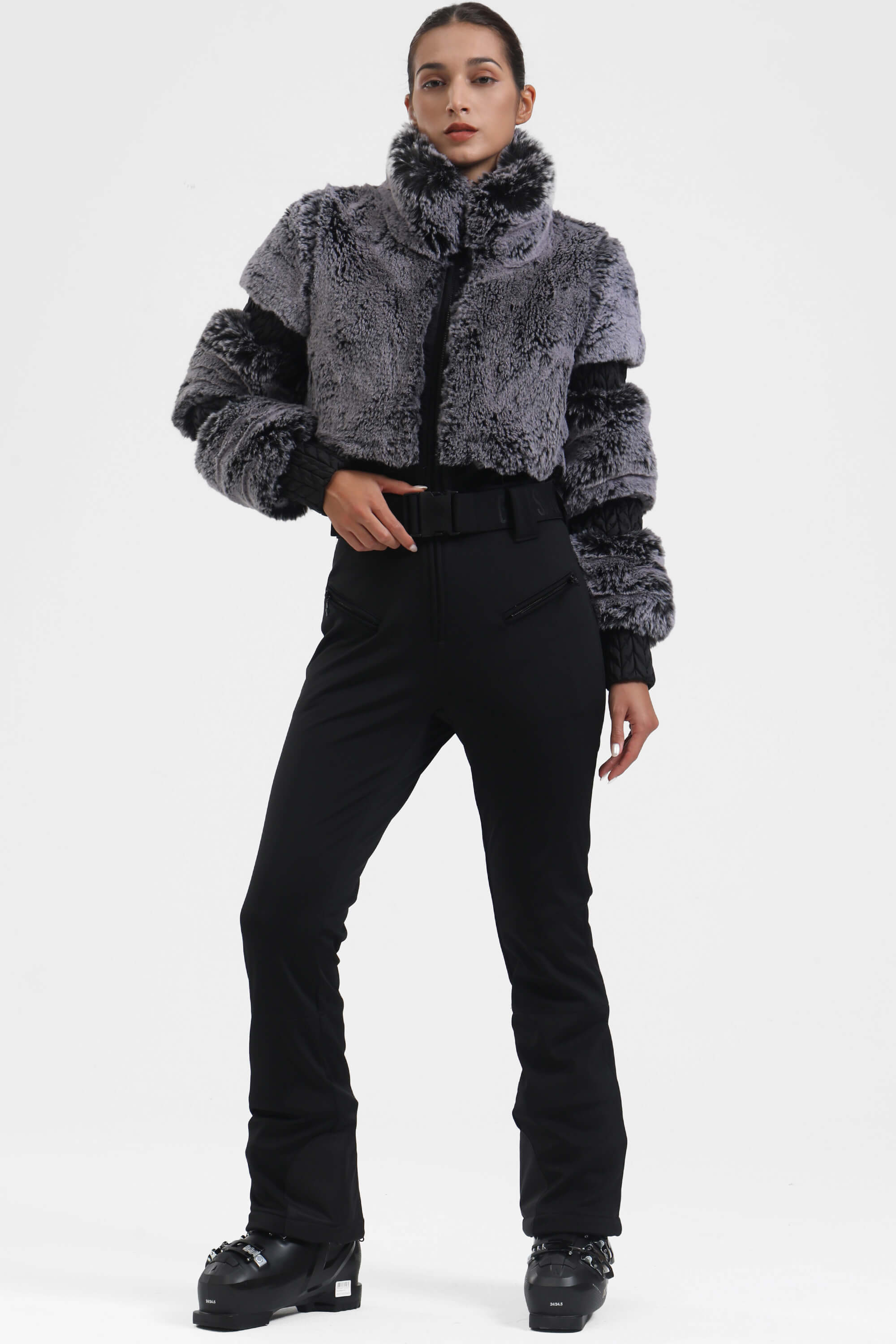 Elegant Women's Grey Faux-Fur Ski Suit One-Piece Snowboard Suit - Gsou Snow