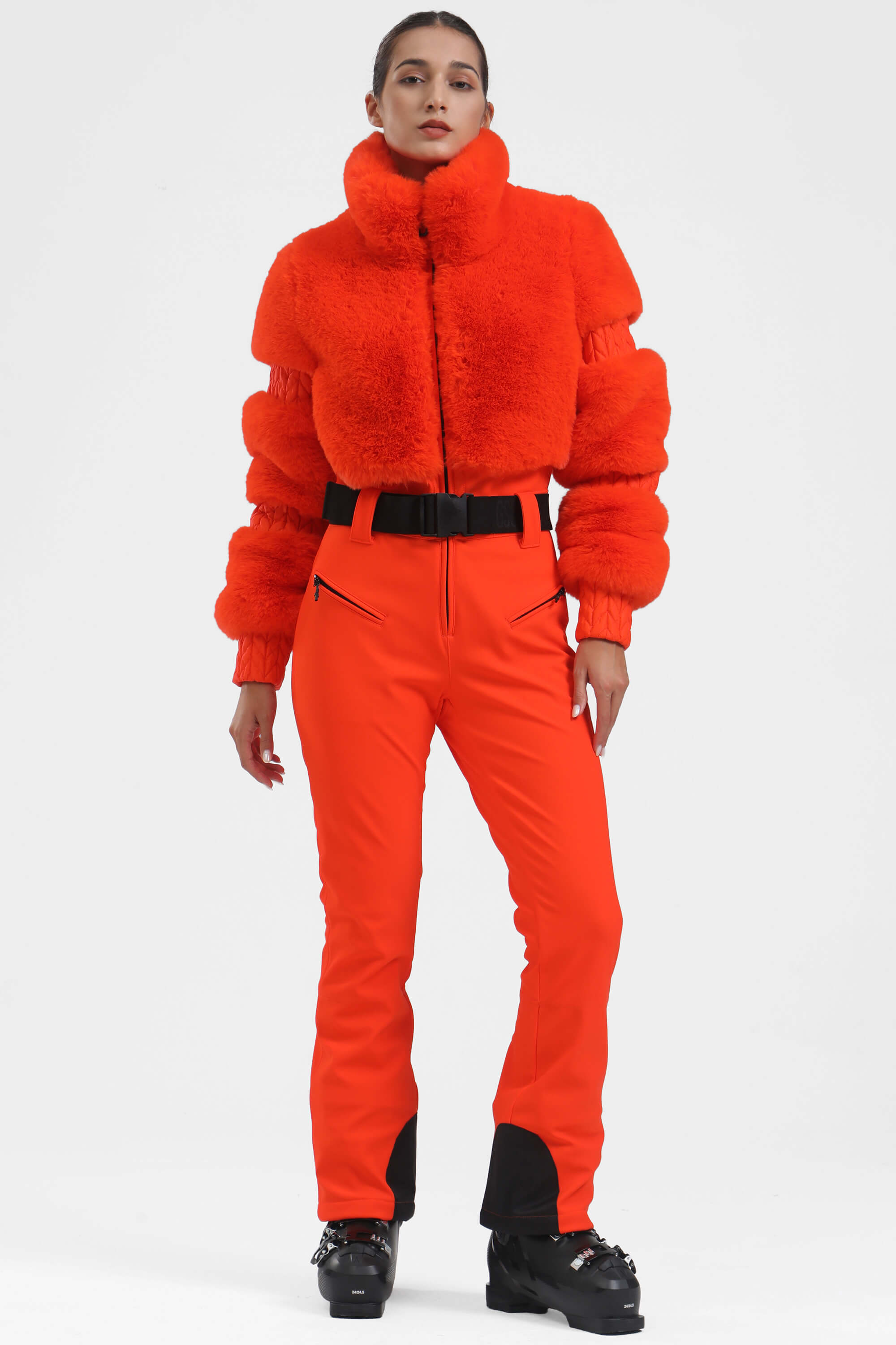Elegant Women's Neon Orange Faux-Fur Ski Suit One-Piece Snowboard Suit - Gsou Snow