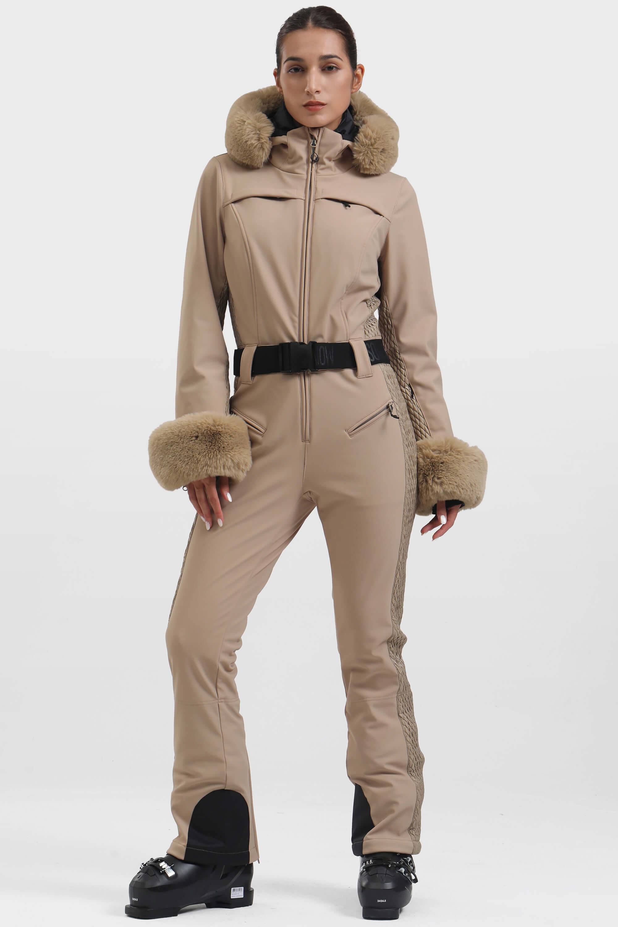 Women's Khaki Faux Fur Shirred Waterproof Ski Suit One-Piece Snowboard Suit - Gsou Snow