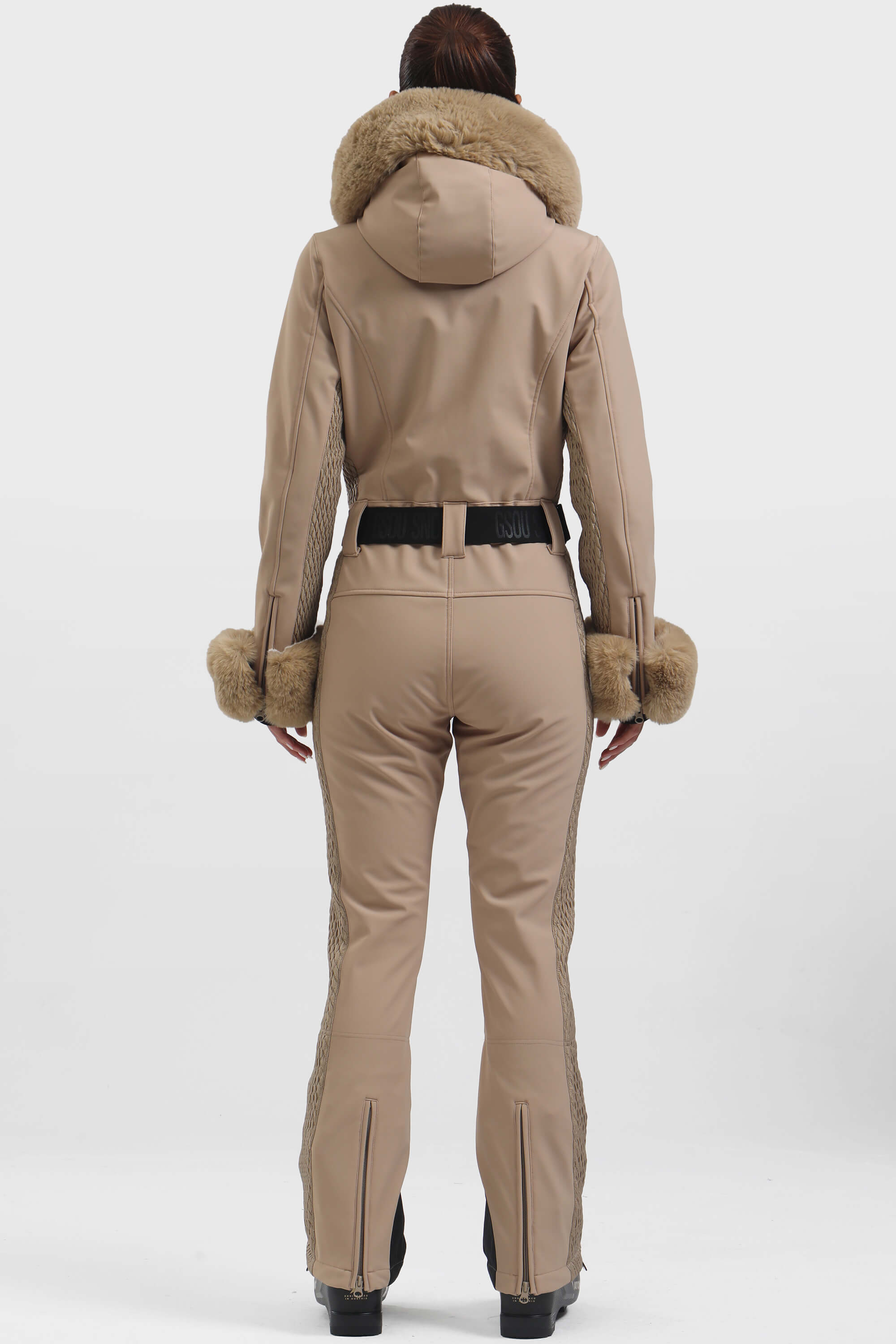 Women's Khaki Faux Fur Shirred Waterproof Ski Suit One-Piece Snowboard Suit - Gsou Snow