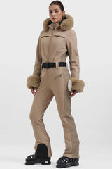 Women's Neon Red Faux Fur Shirred Waterproof Ski Suit One-Piece Snowboard Suit - Gsou Snow