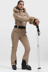 Women's Dark Brown Faux Fur Shirred Waterproof Ski Suit One-Piece Snowboard Suit - Gsou Snow