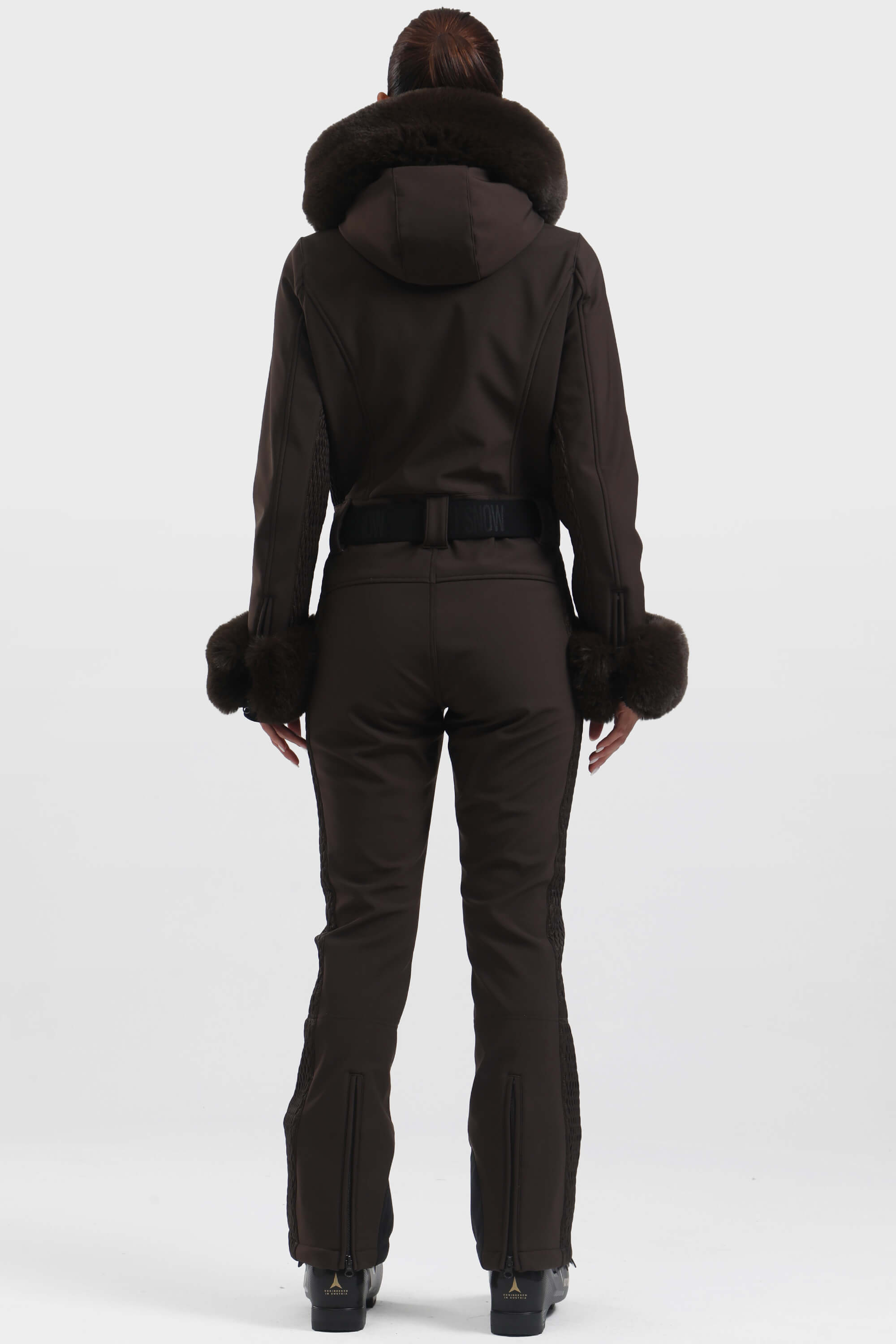 Women's Dark Brown Faux Fur Shirred Waterproof Ski Suit One-Piece Snowboard Suit - Gsou Snow