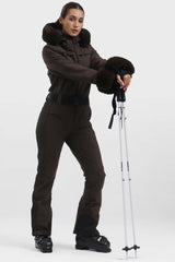 Damski Kombinezon Narciarski/Snowboardowy w Kolorze Khaki ze Sztucznym Futrem - Wodoodporny - Gsou Snow