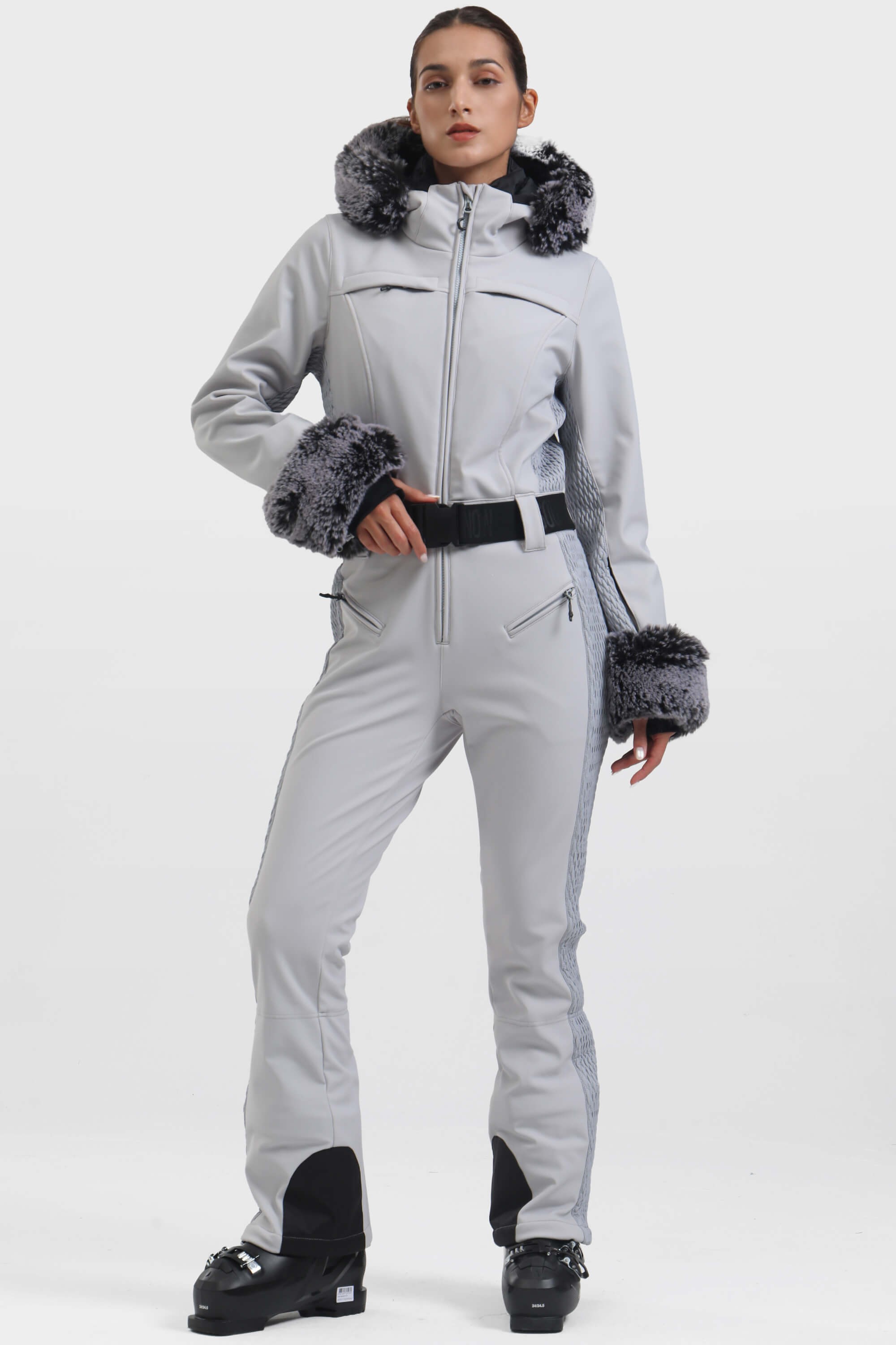 Women's Grey Faux Fur Shirred Waterproof Ski Suit One-Piece Snowboard Suit - Gsou Snow