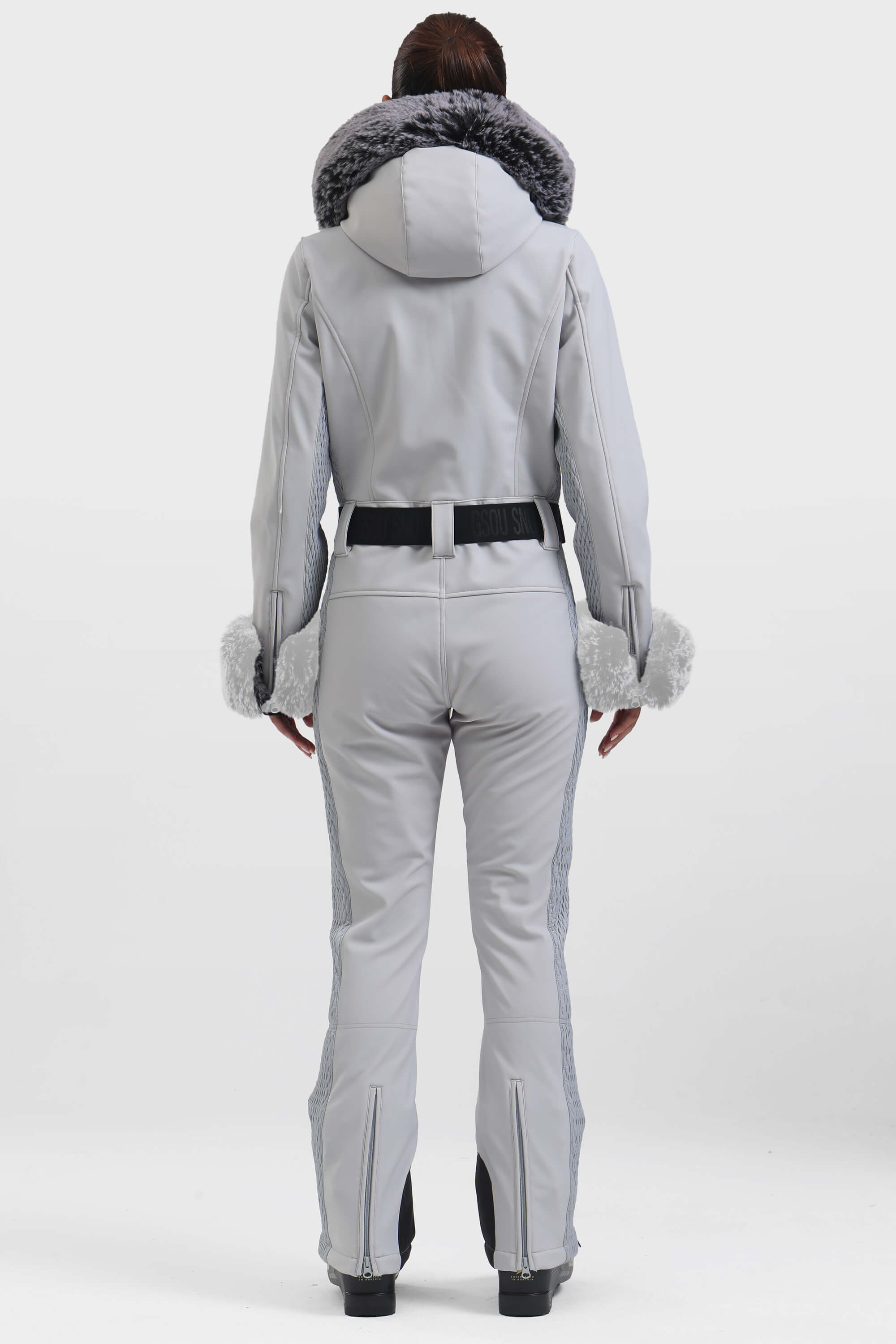 Women's Grey Faux Fur Shirred Waterproof Ski Suit One-Piece Snowboard Suit - Gsou Snow