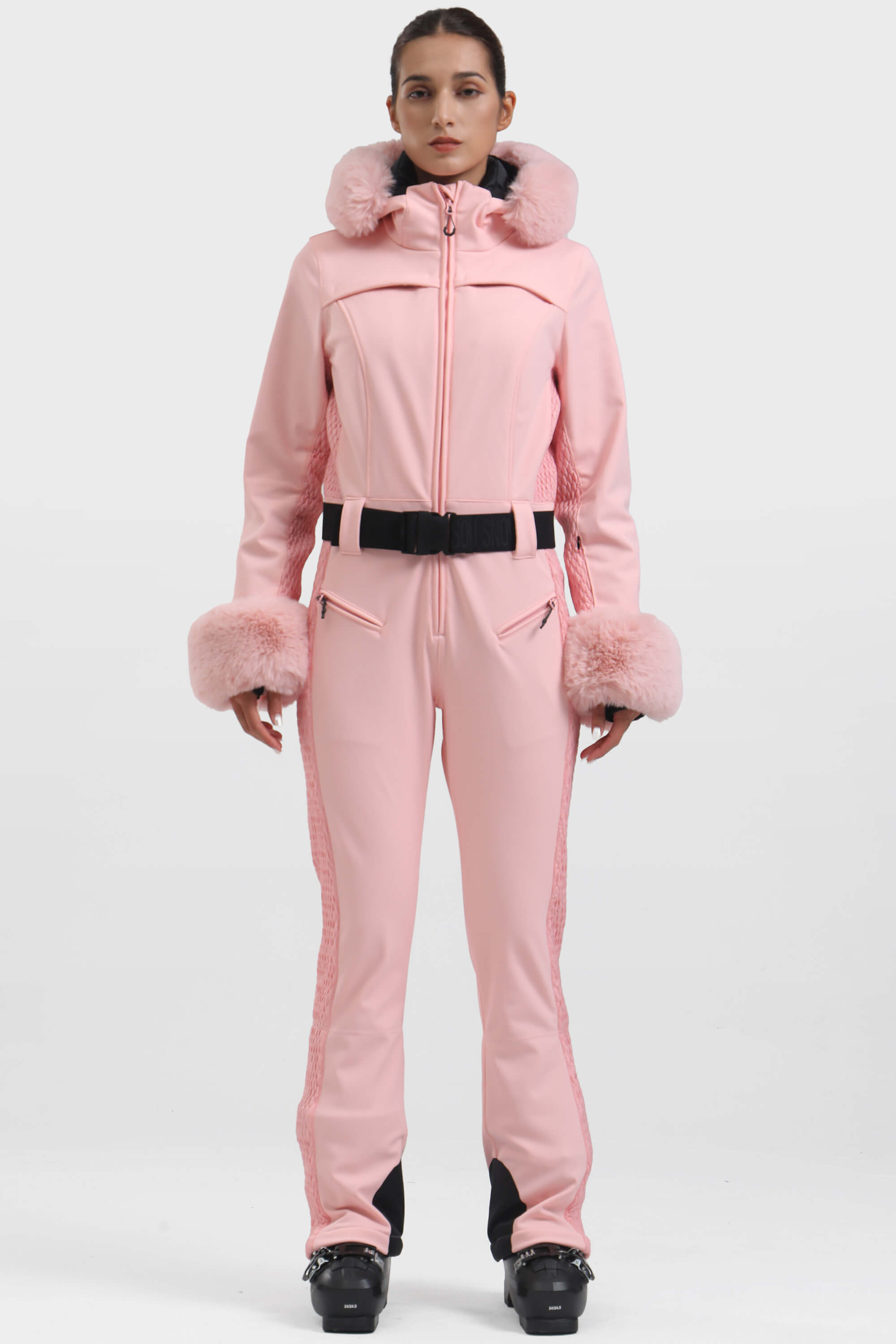 Women's Pink Faux Fur Shirred Waterproof Ski Suit One-Piece Snowboard Suit - Gsou Snow