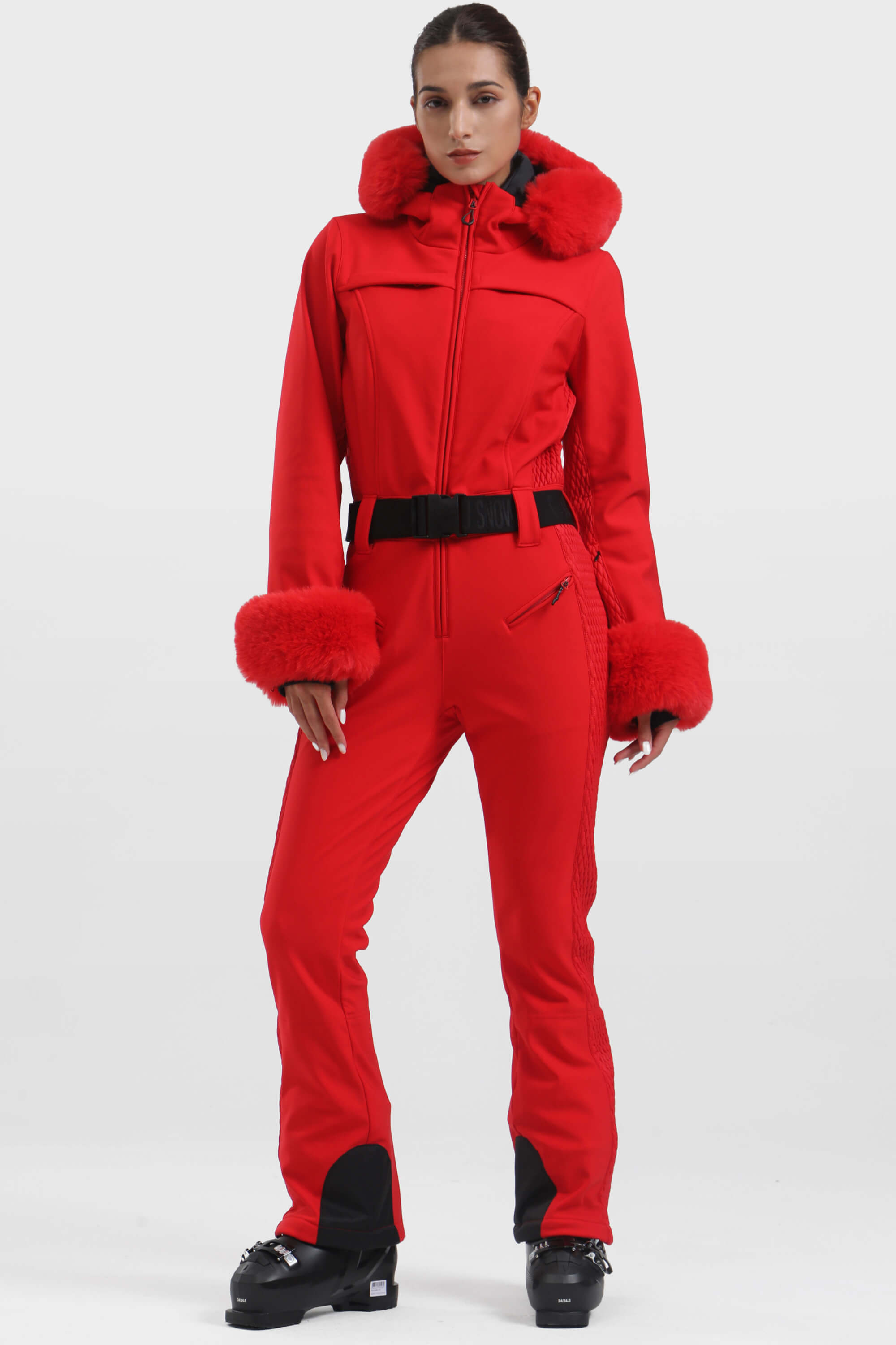 Women's Neon Red Faux Fur Shirred Waterproof Ski Suit One-Piece Snowboard Suit - Gsou Snow