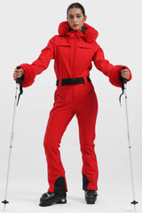 Women's Neon Red Faux Fur Shirred Waterproof Ski Suit One-Piece Snowboard Suit - Gsou Snow