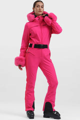 Women's Neon Red Faux Fur Shirred Waterproof Ski Suit One-Piece Snowboard Suit - Gsou Snow