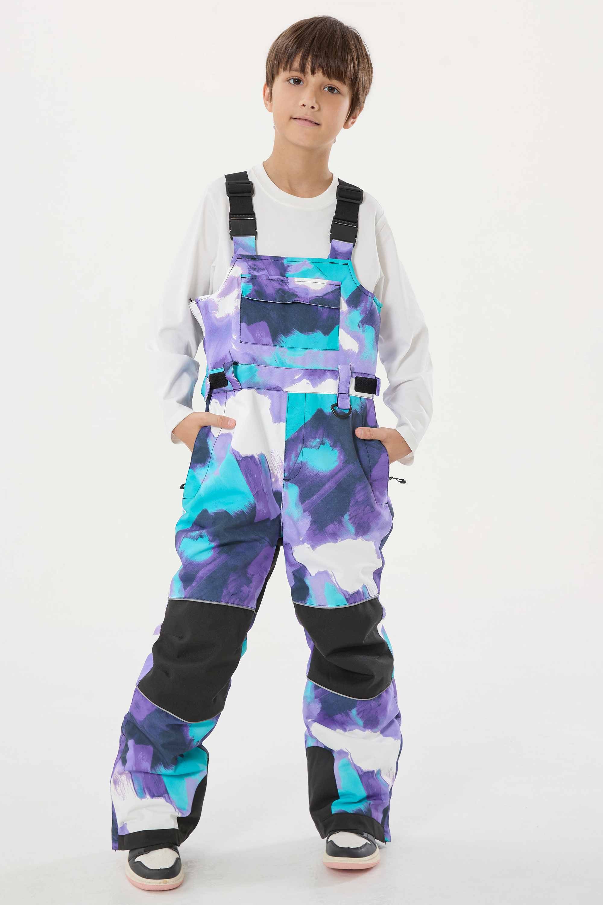 Boys’ Purple Tie-dye Reflective Durable Snow Bibs Workwear Ski Bibs - Gsou Snow