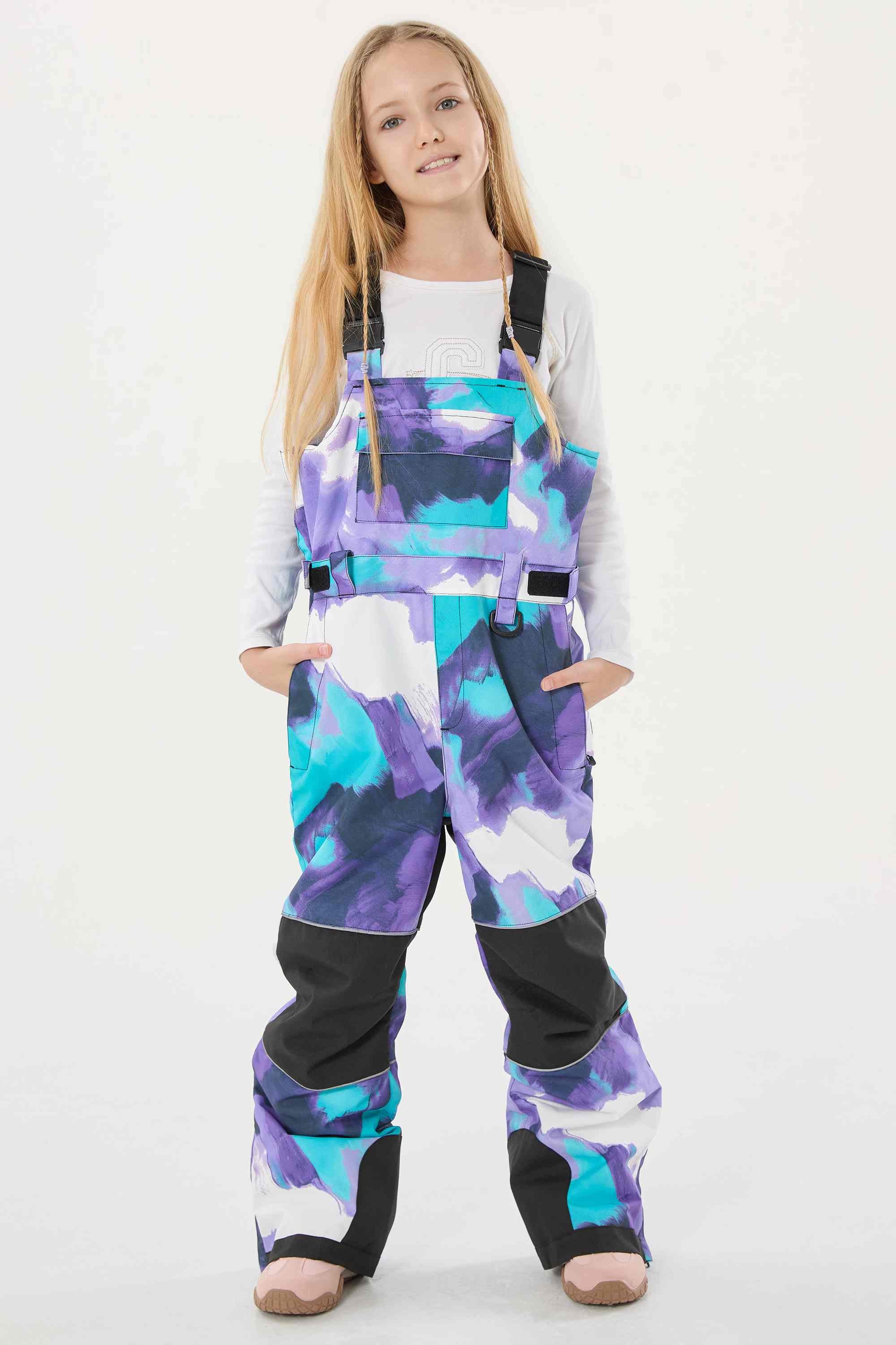 Girls’ Purple Tie-dye Reflective Durable Snow Bibs Workwear Ski Bibs - Gsou Snow