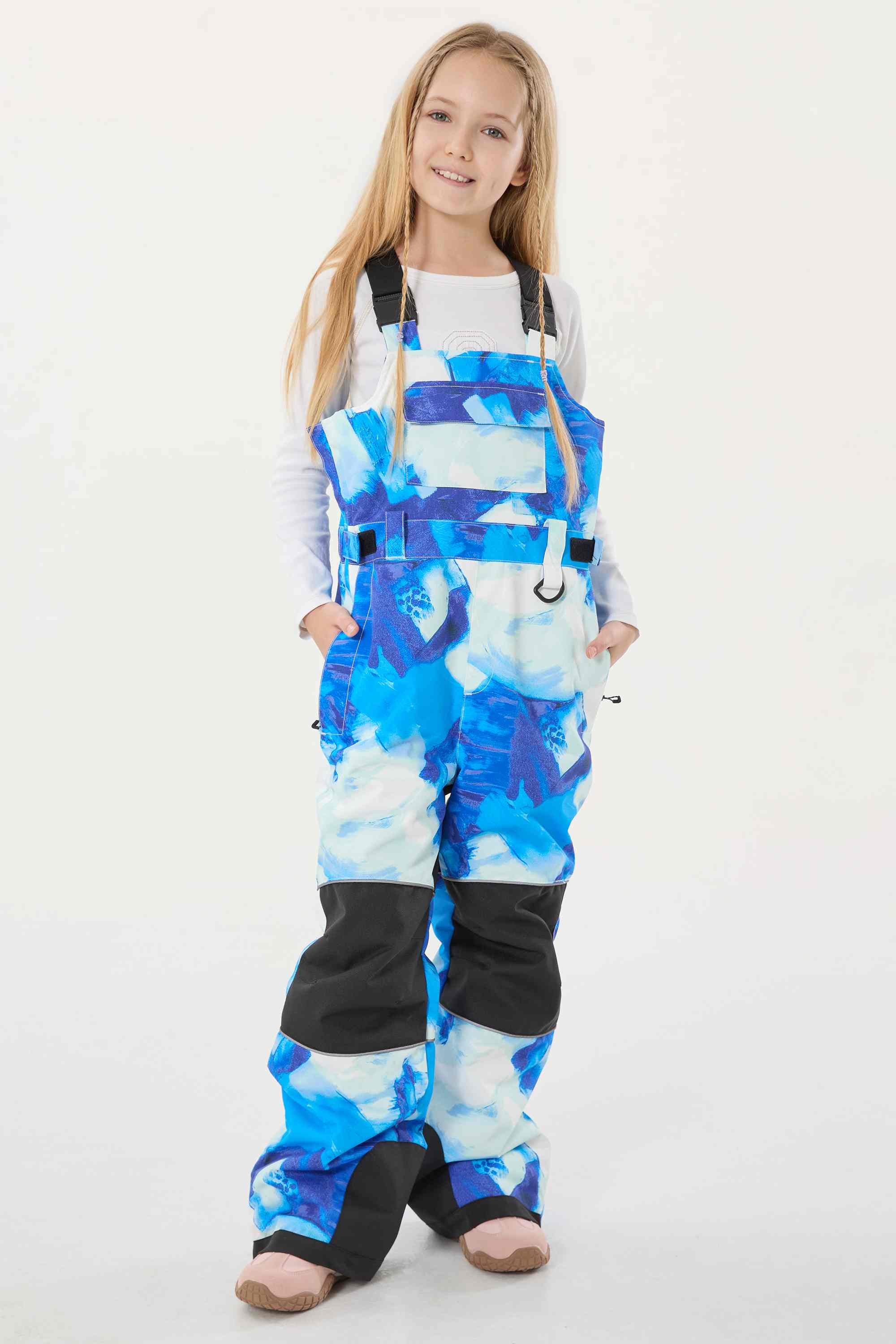 Girls’ Blue Tie-dye Reflective Durable Snow Bibs Workwear Ski Bibs - Gsou Snow