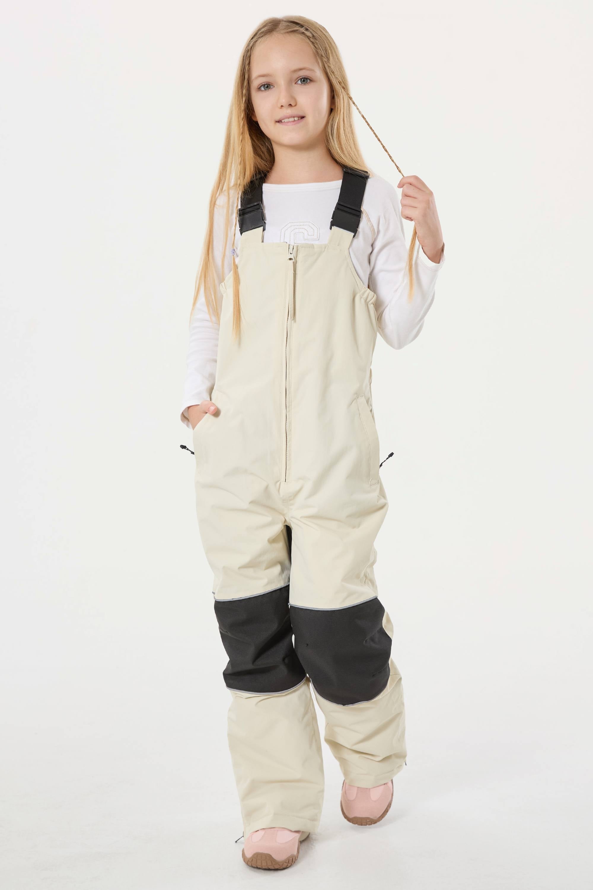Girls’ Off White Waterproof Snow Bibs Reflective Durable Ski Bibs - Gsou Snow