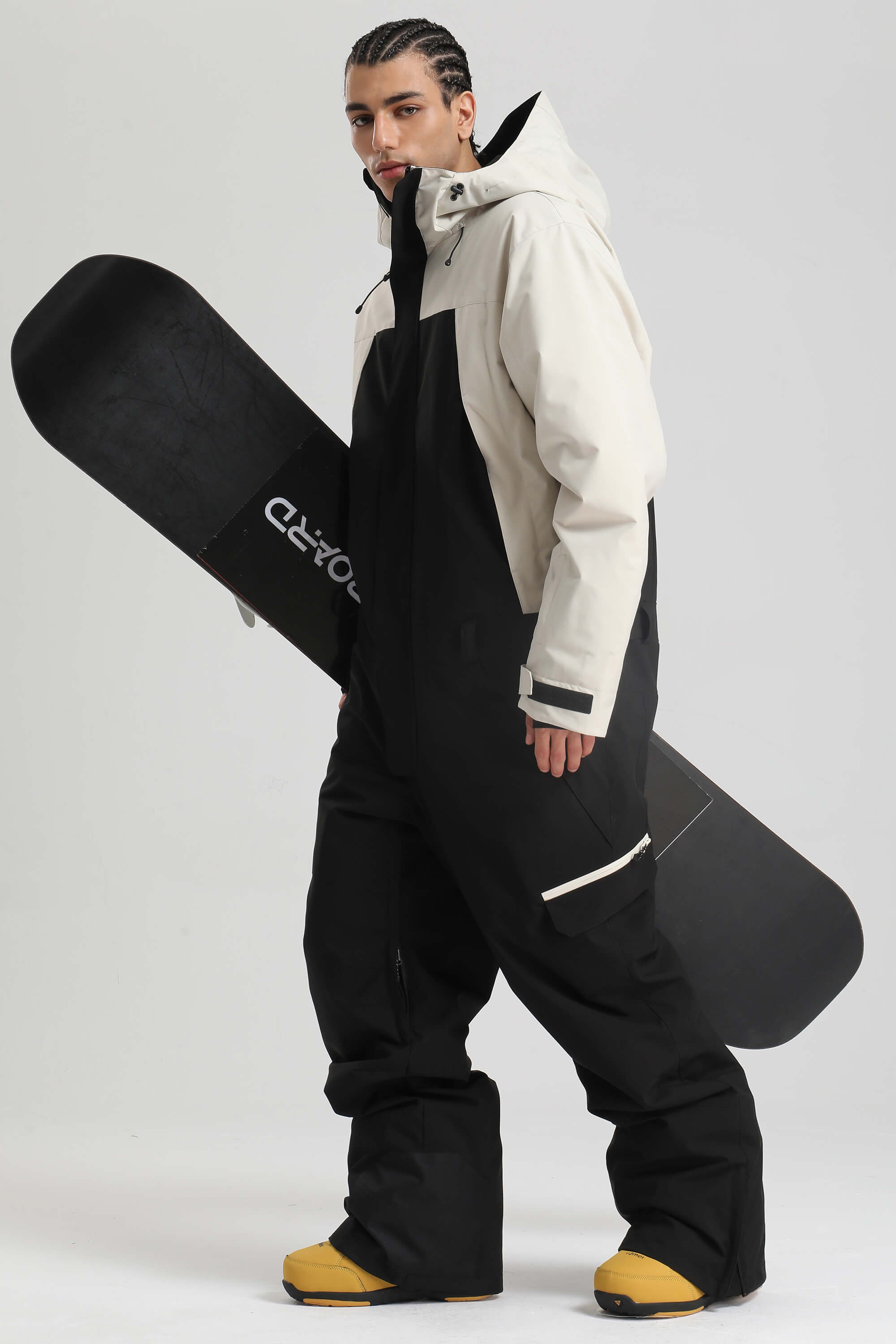 Pánský bílý a černý zateplený monochromatický ski overall s volným střihem - Gsou Snow