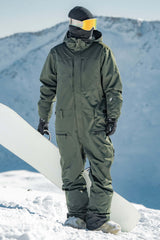 Men's Off White Stylish Waterproof & Windproof Loose-Fit One-Piece Ski Suit With Detachable Hood & Multipockets Snowboard Suit - Gsou Snow
