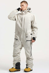 Men's Off White Stylish Waterproof & Windproof Loose-Fit One-Piece Ski Suit With Detachable Hood & Multipockets Snowboard Suit - Gsou Snow