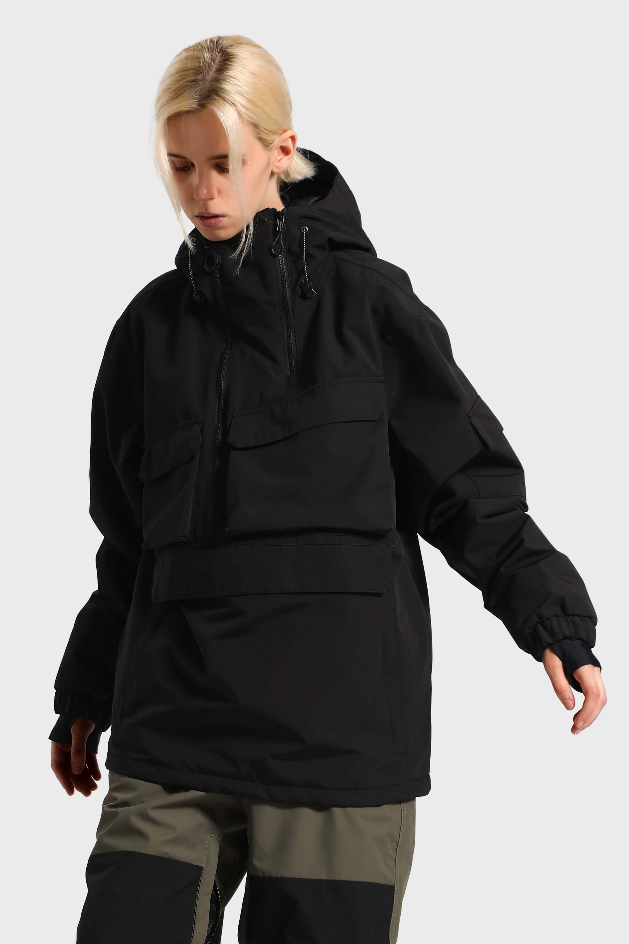 Women's Black Asymmetrical Kangaroo Pocket Snow Anoraks Waterproof Insulated Ski Anoraks - Gsou Snow