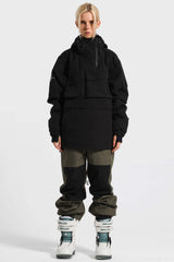 Women's Black Asymmetrical Kangaroo Pocket Snow Anoraks Waterproof Insulated Ski Anoraks - Gsou Snow