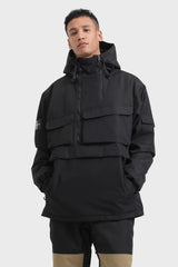 Men's Black Asymmetrical Kangaroo Pocket Snow Anoraks Waterproof Insulated Ski Anoraks - Gsou Snow