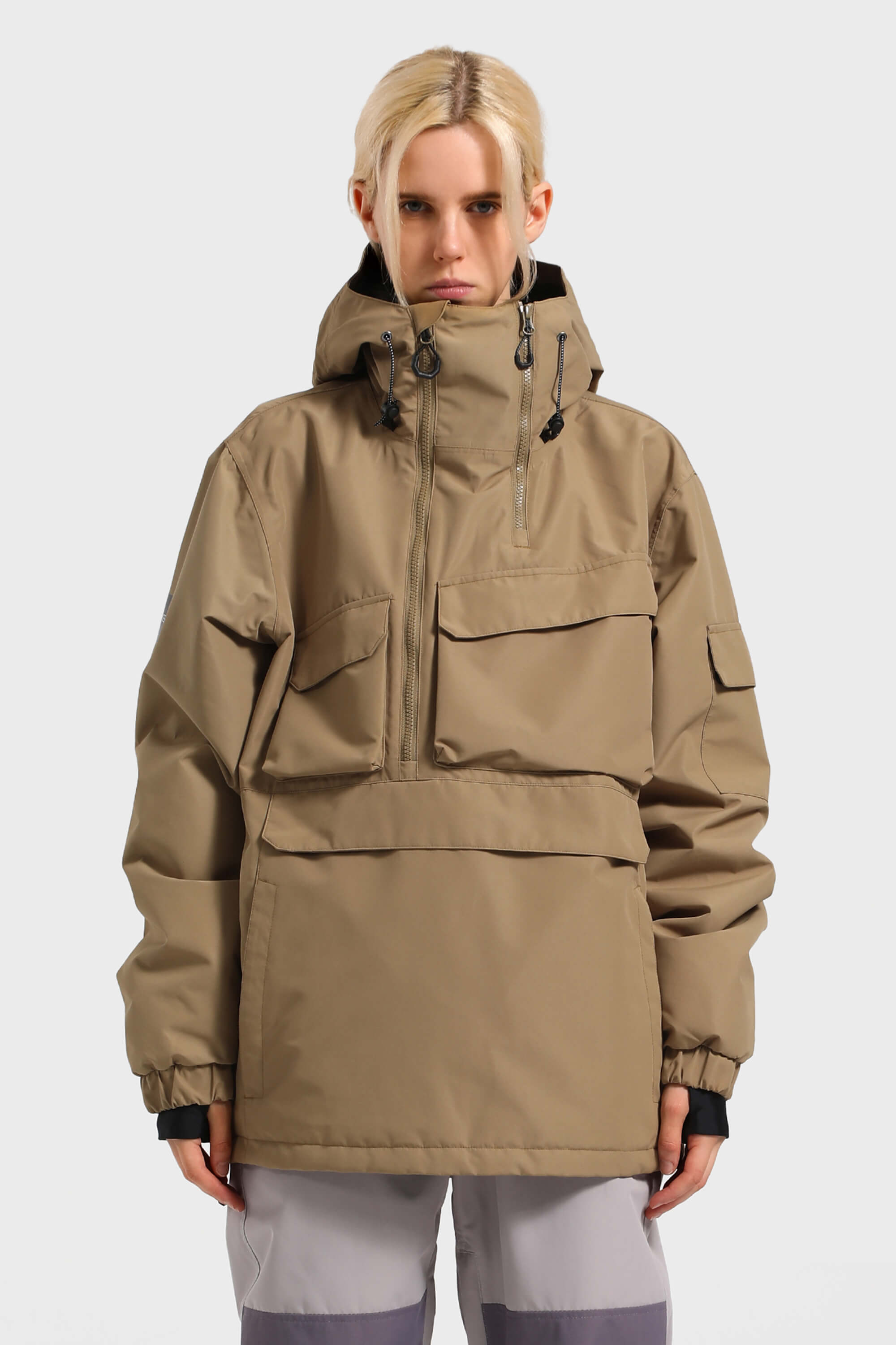 Women's Brown Asymmetrical Kangaroo Pocket Snow Anoraks Waterproof Insulated Ski Anoraks - Gsou Snow