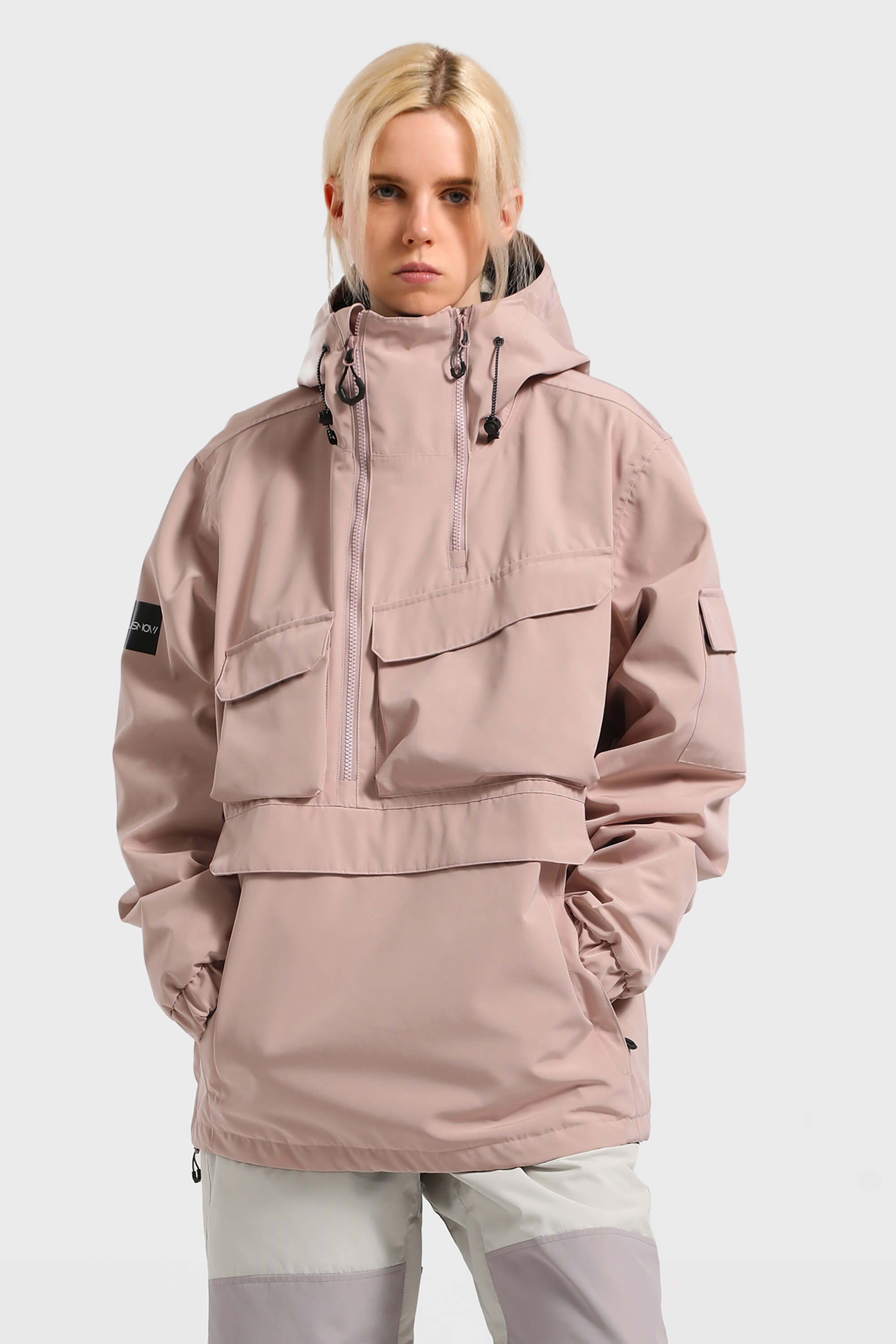 Women's Pink Asymmetrical Kangaroo Pocket Snow Anoraks Waterproof Insulated Ski Anoraks - Gsou Snow