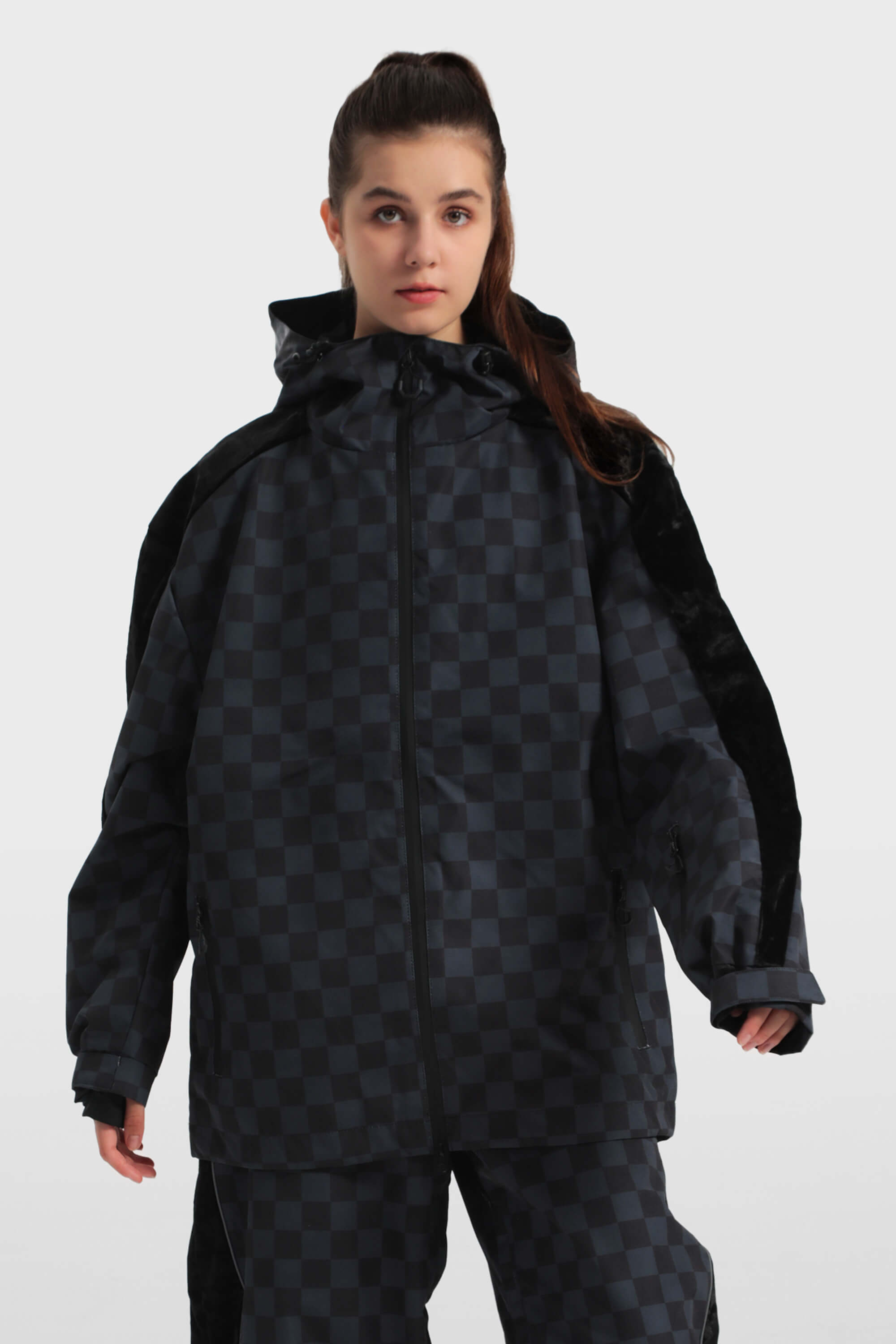 Women's Black Fleece-Lined Velvet Trim Plaid Snow Jacket Waterproof Ski Jacket - Gsou Snow